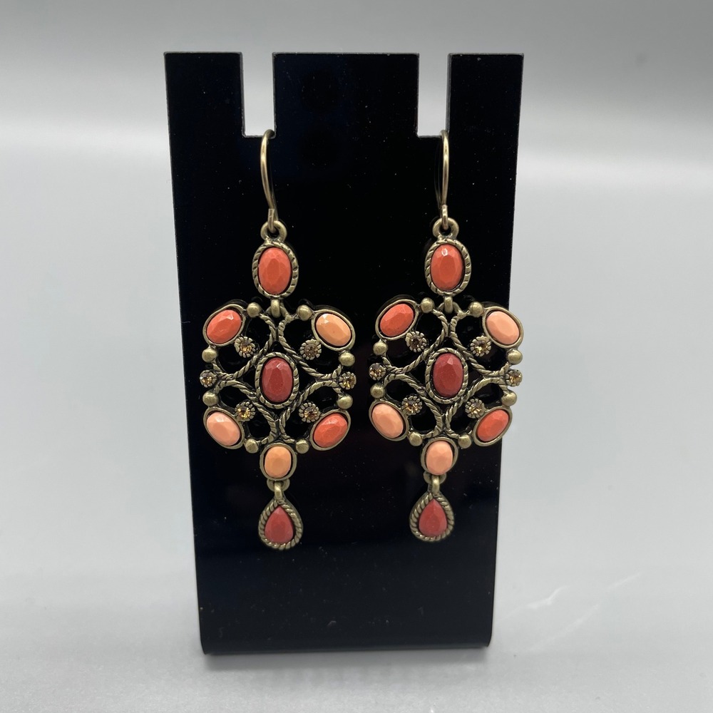 Monet Antique Gold‎ Tone Coral Peach Cabochon Chandelier Drop Earrings Vintage
